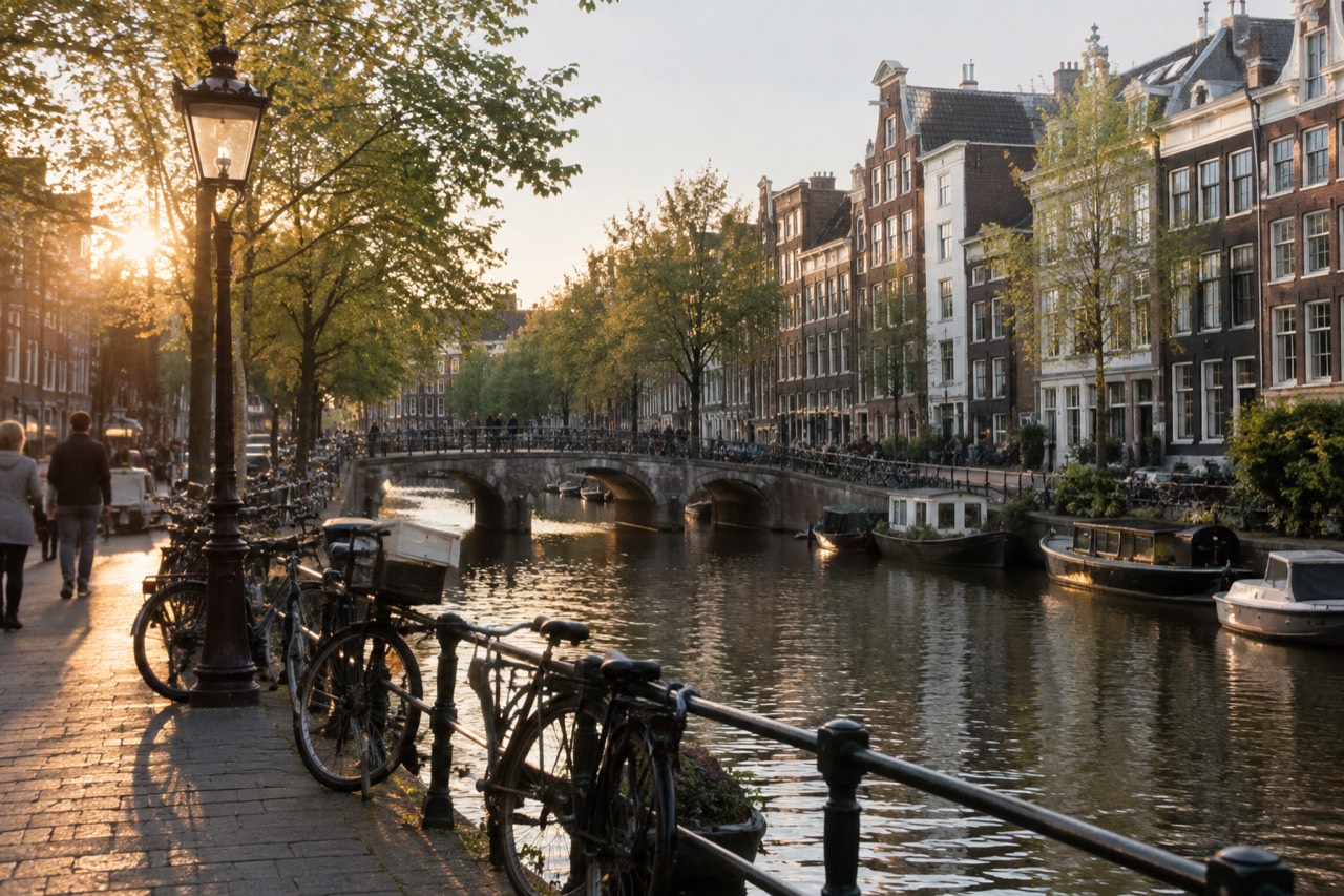 Canal houses and bridges along an Amsterdam gracht on a bright afternoon