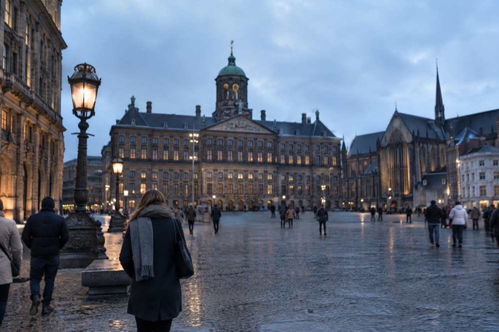 A street-level view of Dam Square on an ordinary weekday morning