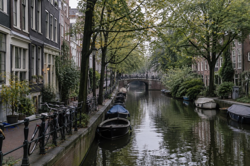 Quiet Jordaan side canal with leaning gabled houses and trees over the water