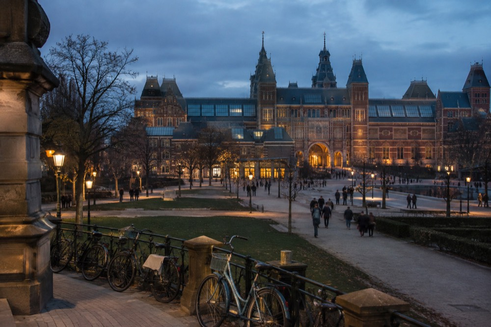 Museumplein with the Rijksmuseum building and bicycles parked outside