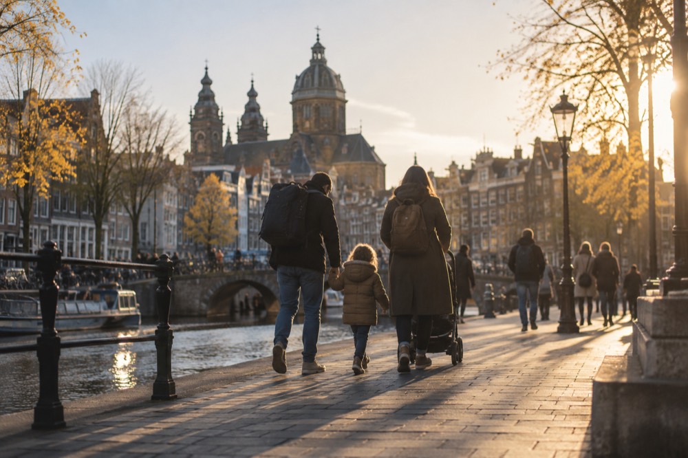 Families walking a wide Amsterdam pavement beside a canal in the afternoon sun