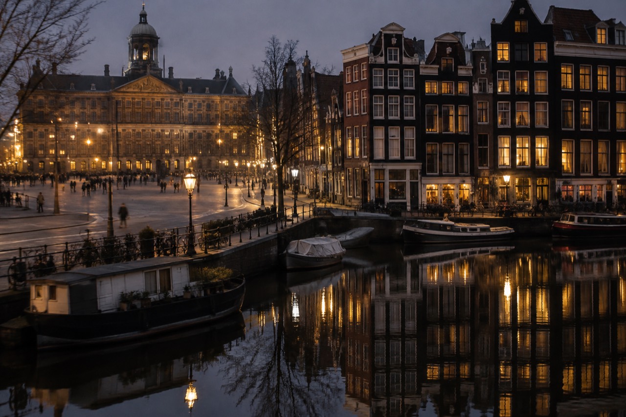 Amsterdam canal houses reflected in still water on a bright morning