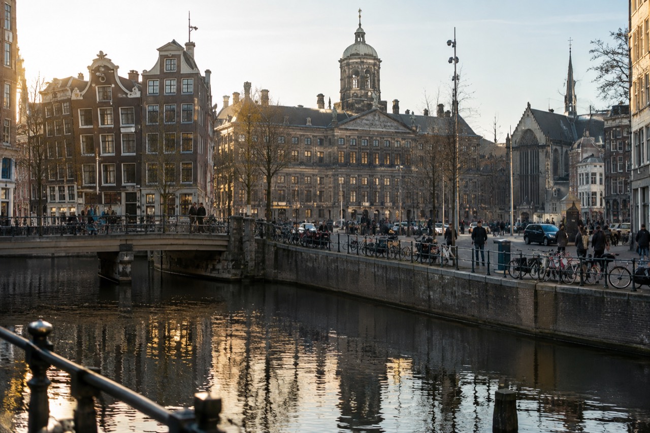 Amsterdam canal houses reflected in still water at golden hour