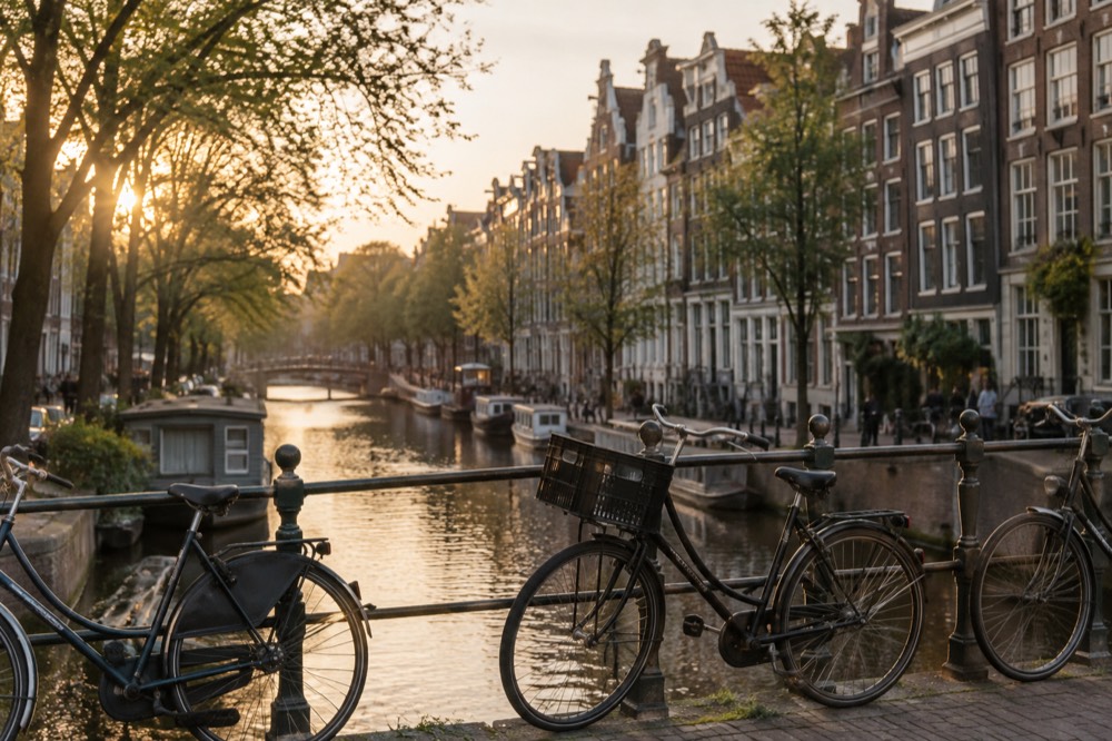 Seventeenth-century canal houses lining a quiet Amsterdam gracht with bicycles on the bridge
