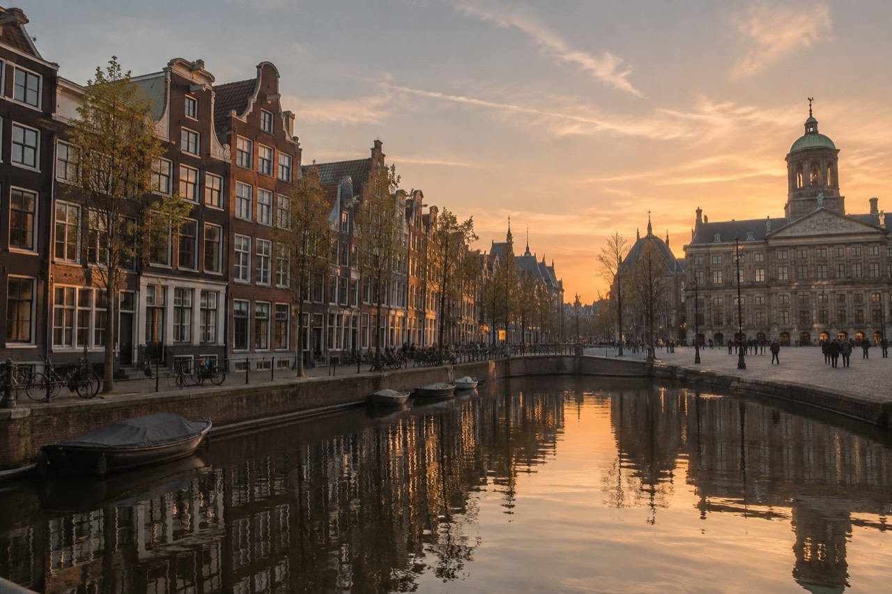 Amsterdam canal houses reflected in still water at dusk